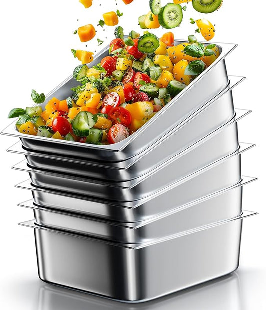 WantJoin Steam Table Hotel Pans 1/2 Half Size 4 Inch Deep 6 Pack, Stainless Steel Metal Tray Sets Food Storage Container for Restaurant Chafing Dishes Commercial Buffet Warmer Catering Supplies