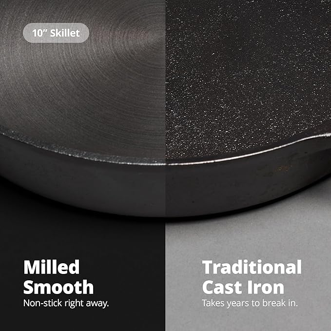 Greater Goods 10-Inch Cast Iron Skillet Frying Pan – Milled Smooth Cast Iron Cooking Surface, Organically Pre-Seasoned with Flaxseed Oil, Long Handle & Dual Pour Spouts for Better Control