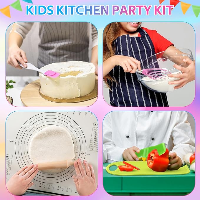 90 Pcs Kids Cooking Set Bulk for Real Food Making Kitchen Baking Tools Supply Fruit Knife Cutting Board Adjustable Children Aprons Egg Beater Spatula Rolling Pin Birthday Christmas Utensils Gift