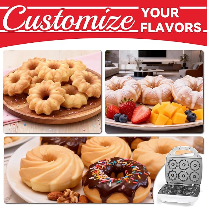 Mini Donut Maker Machine, Electric Mini Bundt Cake Pan, Bake 6 Bundt Doughnuts with 3 Shapes, Excellent for Breakfast, Snacks, Desserts & More