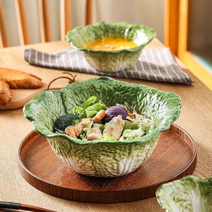 KXZ Green Cabbage Serving Bowl Set of 3 for Kitchen - Extra Large 60oz, 16oz, 5oz Nesting Mixing Bowls, Porcelain Dishes for Salad, Entertaining, Fruit, Vintage, Decorative, Ceramic Pho Soup Tureen