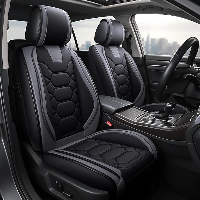 OASIS AUTO Car Seat Covers Front Seats, Sporty Honeycomb Waterproof Faux Leather Protectors, Universal Fit for SUV, Sedan, Truck Interior Accessories (OS-004 Black&Gray)