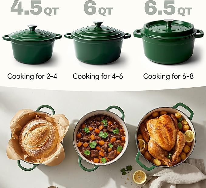 6.5 Quart Dutch Oven Pot with Lid, Non Stick Enameled Cast Iron Dutch Oven for Bread Baking, Heavy-Duty, Oven Safe Ceramic Cookware Up to 500°F for Baking, Braising, Stews, Roasting, Green