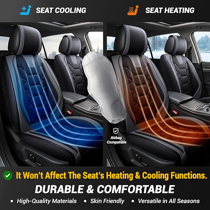 OASIS AUTO Car Seat Covers Front Seats, Sporty Honeycomb Waterproof Faux Leather Protectors, Universal Fit for SUV, Sedan, Truck Interior Accessories (OS-004 Black&Gray)