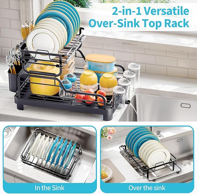 TOOLF Dish Drying Rack,2 Tier Dish Drying Rack with Large Drainboard,Dish Racks for Kitchen Counter and Sink,Stainless Steel Dish Drainers with Cup ＆ Utensil Holders,Black