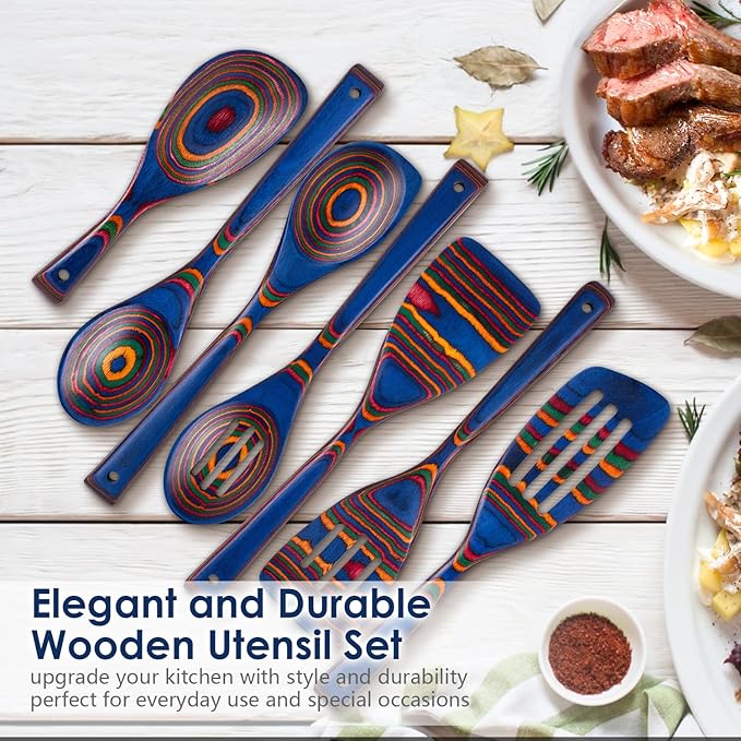 Wooden Spoons for Cooking, Pakkawood Kitchen Utensil Set Spectrum Color, Premium Durable Wooden Utensils for Nonstick Cookware, Heat Resistant, Smooth Finish, Comfortable Grip, 7 Piece