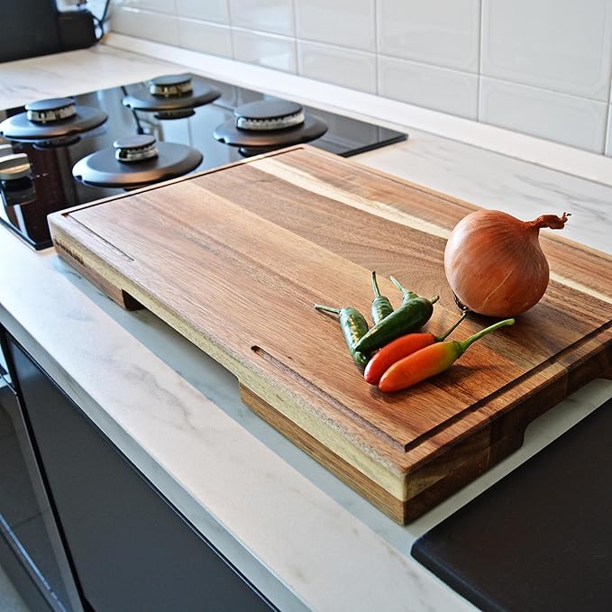 Acacia Wood Cutting Board for Kitchen, 19.7 x 12.2 Inch (ExtraThick 1.6") Wooden Chopping Board for Meat, Cheese, Charcuterie Boards with Handles. Premium Quality Butcher Block (Oil & Plate Included)