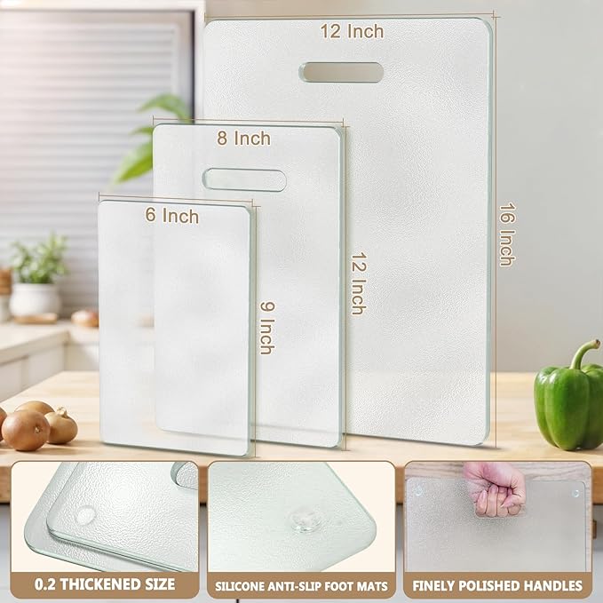 3 Pack Glass Cutting Boards for Kitchen Counter, Clear Tempered Glass Cutting Board Set with Handle (16"x12" & 12"x8" & 9"x6"), Scratch Resistant, Dishwasher Safe, Non-toxic, Easy to Clean