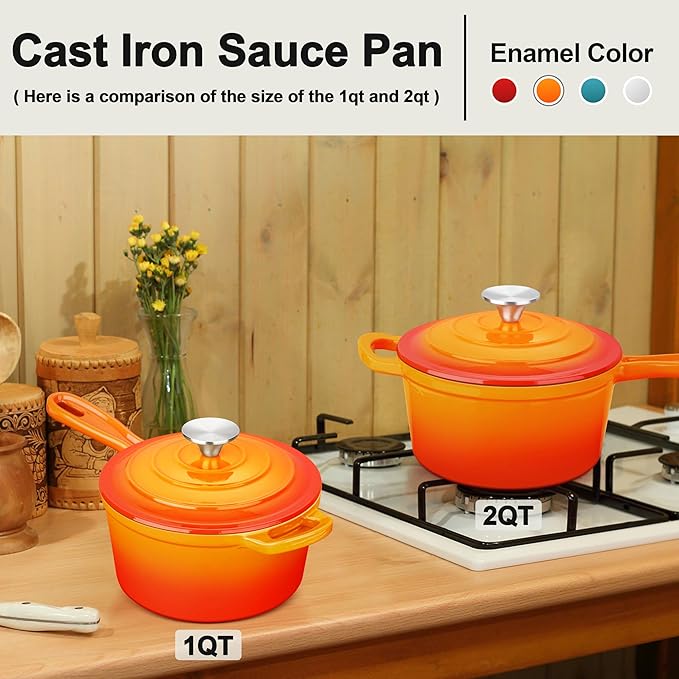 Enameled Cast Iron Sauce Pan with Lid, Leonyo 2 Quart Saucepan with Lid, Small Enamel Cast Iron Dutch Oven Kitchen Cookware for All Cooktops Making Pasta Sauce, Soup, Milk - Up to 500°F & Orange