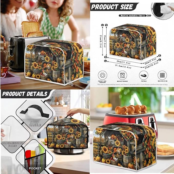 Sunflower Chicken Coop Kitchen Appliance Set,Universal Size Blender Cover, Slow Cooker Cover and Toaster Cover 4 Slice, Waffles Maker Oven Dust Cover Women Christmas Decorations