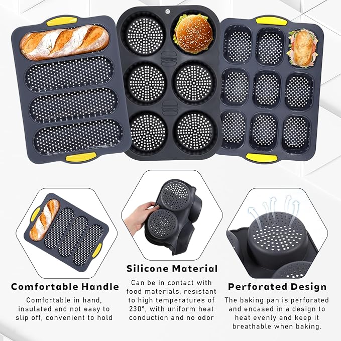 Set of 5 Silicone Hamburger Bun Mold, 4/6/9 Cup Silicone Hotdog Bun Pan with Spatula Brush, Mini Baguette Pans Bread Baking Pan for Homemade Hamburger Buns