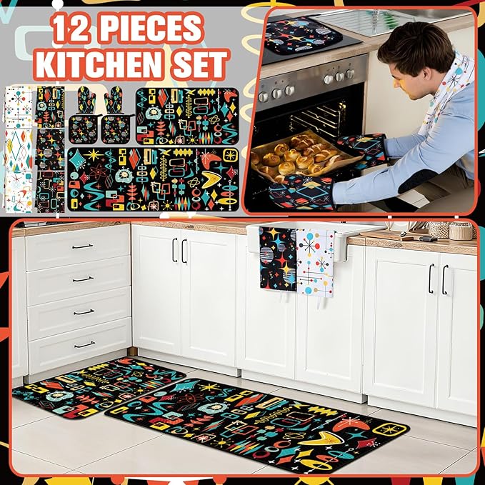 12 Pcs Retro Kitchen Decor Mid Century Oven Mitts and Pot Holders Set Mid Century Kitchen Dish Towels Vintage Abstract Geometric Potholders Rugs Mats for Black White Baking Cooking BBQ Gift