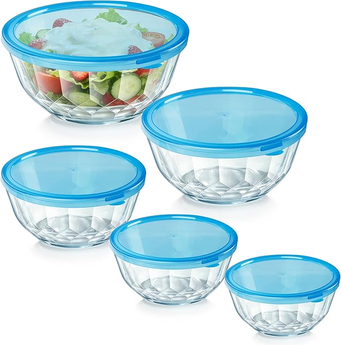 Thick Glass Mixing Bowls with Airtight Lids Set, 5-Piece Nesting Bowls for Baking & Meal Prep, BPA Free, Dishwasher Safe, 0.5/0.8/1.6/2.7/4.4 Quart - Blue