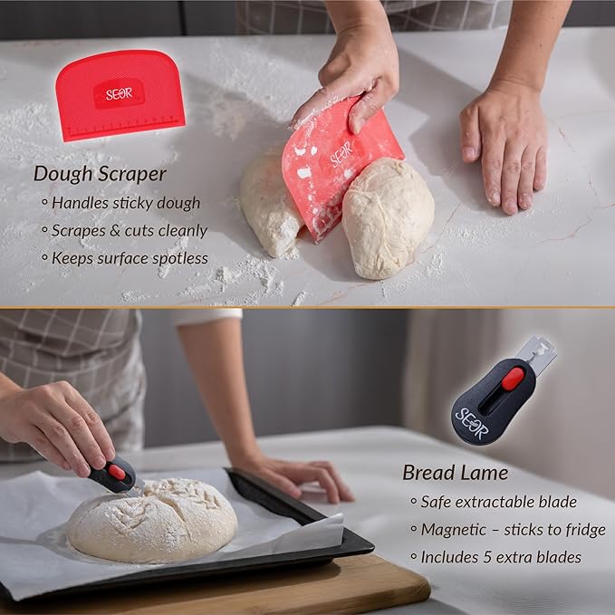 SEOR 8Pc Sourdough Starter Kit; Bread Baking Kit with Sourdough Starter Kit with Jar; Includes 2 Bread Proofing Baskets, Sourdough Tools & Baking Supplies for Artisan Loaves.