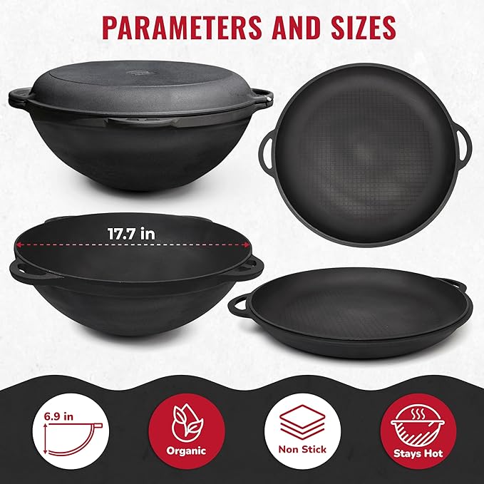 Dutch Oven Pot with Lid Syton (18 Quarts (17 L) - Camping Dutch Oven - Cast Iron Cookware Set - Uzbek Kazan Cast Iron – Premium Camping Cookware – 2 in 1 Lid as Frying Pan + Cauldron
