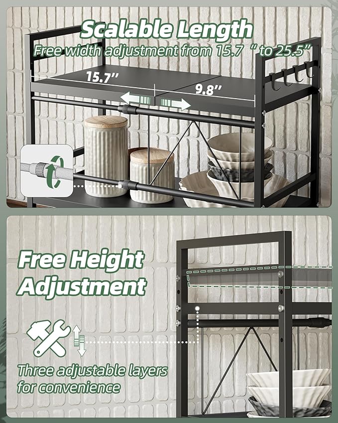 NETEL Expandable Microwave Stand,3 Tier Metal Kitchen Countertop Organizer Shelves with Paper Towel Holder and Baskets,Bakers Rack,Microwave Shelf,Microwave Oven Rack,110lbs Weight Capacity