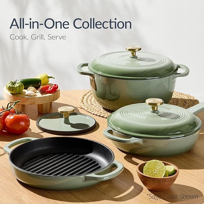 Best Choice Products Non-Stick Pot & Pan Cookware Set, Cast Iron, 2Qt Skillet W/Lid, 10" Grill Or Griddle Pan W/Press, 6Qt Enameled Dutch Oven, Non-toxic, For Cooking & Grilling - Blue