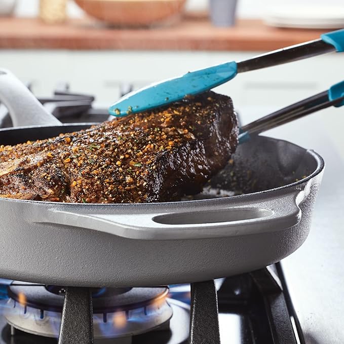 Rachael Ray NITRO Cast Iron Frying Pan/Skillet with Helper Handle and Pour Spouts, 10 Inch, Gray
