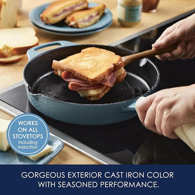 Rachael Ray NITRO Cast Iron Fryin Pan/Skillet with Helper Handle and Pour Spouts, 12 Inch - Agave Blue