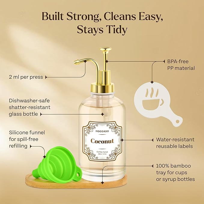 Glass Coffee Syrup Dispenser for Coffee Bar - Set of 2 Gold 500 ml / 16.9 oz Glass Syrup Bottles, Includes Bamboo Tray, 16 Stencils, Labels, Coffee Bar Accessories