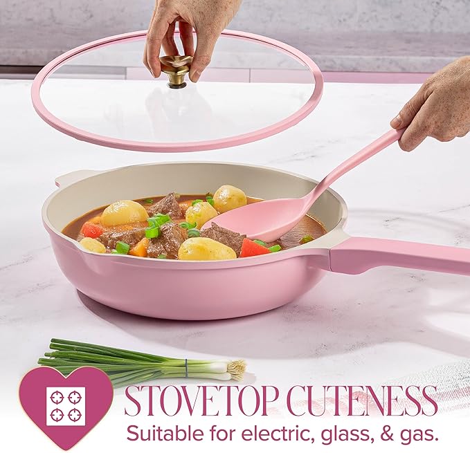 Paris Hilton Jumbo Sauté Pan with Lid, Cast Aluminum Cookware with Ceramic Nonstick Coating Made Without PFAS, PFOA, PFOS & PTFE, 4-Quart, Pink