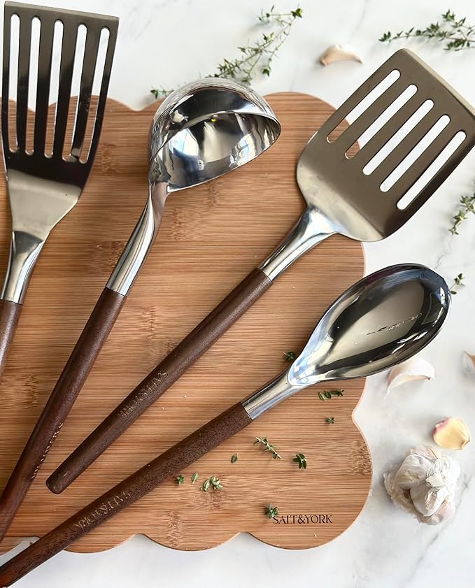 Salt & York 4-Piece Stainless Steel Cooking Utensil Set – Handcrafted Walnut Wood Handles, Mirror-Polished 18/8 Steel – Durable, Heat-Resistant Kitchen Tools & Premium Gift for Home Cooks