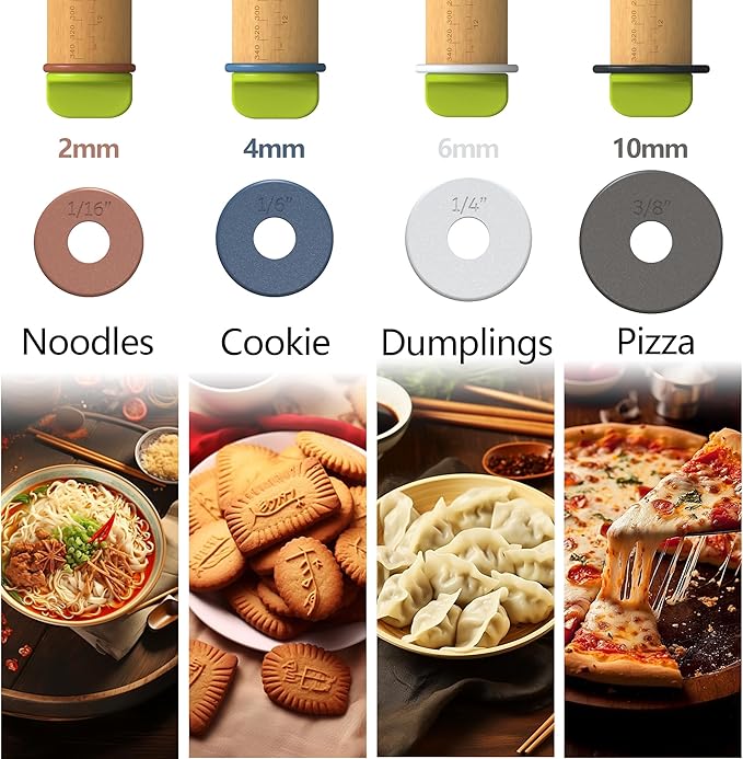 Rolling Pin with Adjustable Thickness Ring, Dough Thickness for Baking, Fondant, Pizza, Crust, Cookies, Pastry, 13.6" Wooden Rolling Pin with 4 Multi-Color Thickness Rings and Wooden Stand
