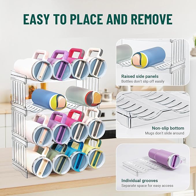 Stanley Large Tumbler Organizer - Stackable Water Bottle Storage for 8 Cups, Fits 20/30/40 oz, Kitchen and Fridge Organizer