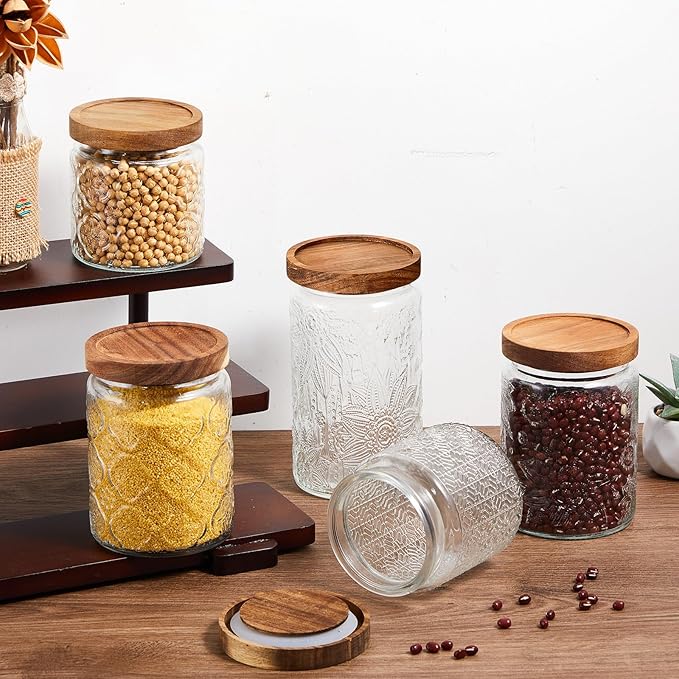 Gerrii 5 Pcs Vintage Glass Food Storage Containers 17/24/34 oz Glass Jar with Lid Airtight Candy Jar Food Canisters for Kitchen Counter Pantry Coffee Beans (Begonia, sunflower, window Grilles Round)