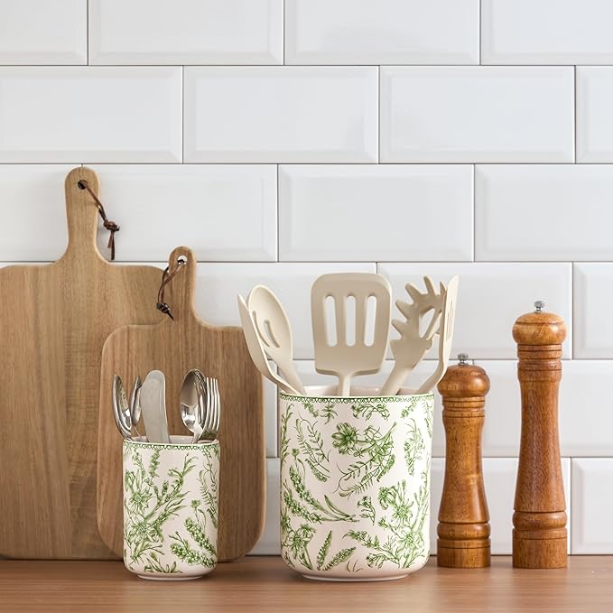 Bico Green Garden Toile De Jouy Ceramic Utensil Holder Set of 2, Ceramic Kitchen Utensil Crocks for Countertop, Large Cooking Tool Holder Counter Decor, Spatula Organizer