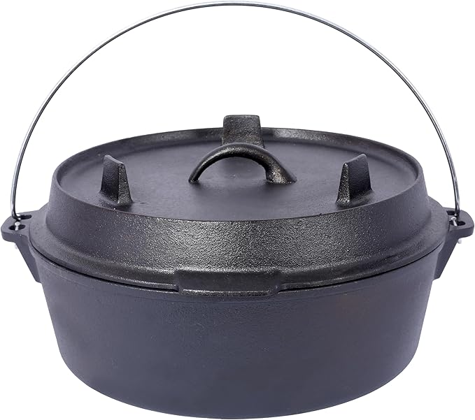 Pre-Seasoned Cast Iron Dutch Oven with Skillet Lid - 6 Quart Outdoor Camping Pot, Iron Pot Rack Included for Fireplace BBQ, Baking & Campfire Cooking