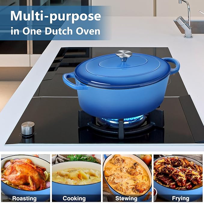 P&P CHEF Oval Dutch Oven with Lid, Enameled Cast Dutch Oven Pot for Bread Baking, Braising, Stewing, Roasting, Non-Stick & Oven Safe, Dual Handles & Easy Clean, 5QT & Blue, Valentine's Day