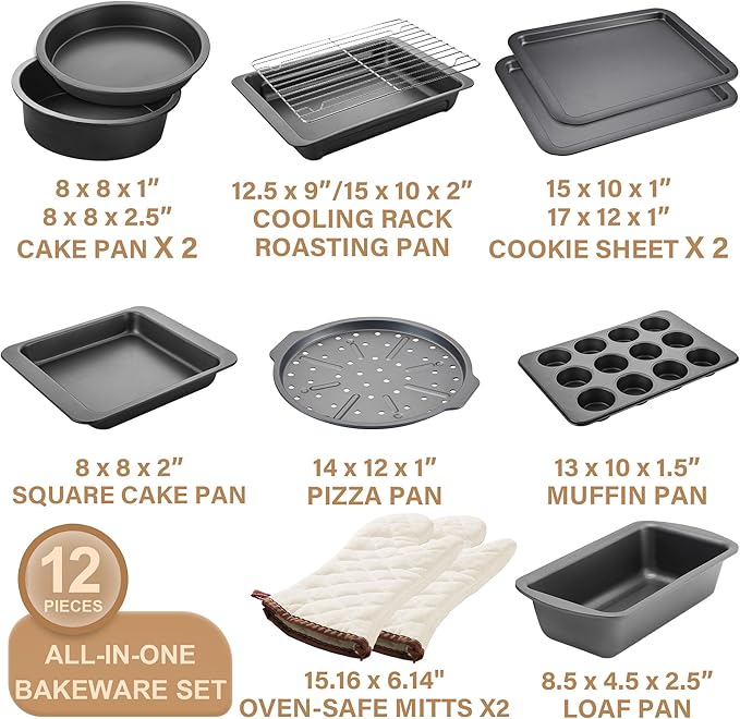 HONGBAKE Bakeware Sets, Baking Pans Set with Kitchen Oven Mitts, Nonstick Oven Pan for Kitchen with Wider Grips, 12-Piece Including Rack, Cookie Sheet, Cake Pans, Loaf Pan, Muffin Pizza Pan