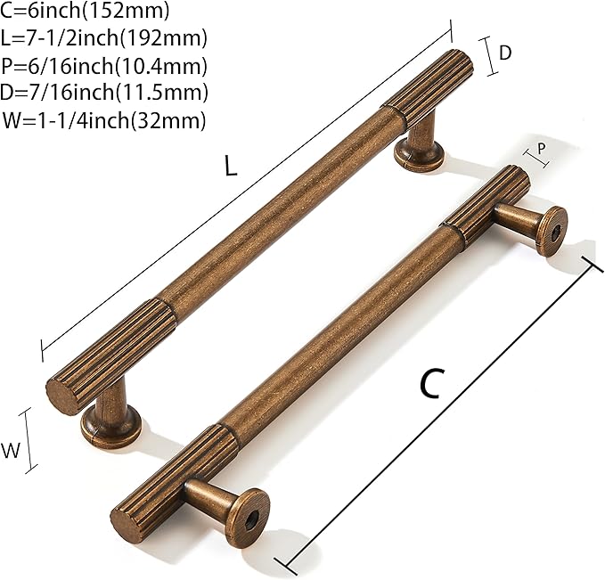 khtumeware 6 Inch Hole Center 2 Pack Antique Brass Heavy Duty Solid Vintage Brass Cabinet Pulls, Kitchen Drawer Handles, for Dresser cabinets, cabinets, Door cabinets, Hardware