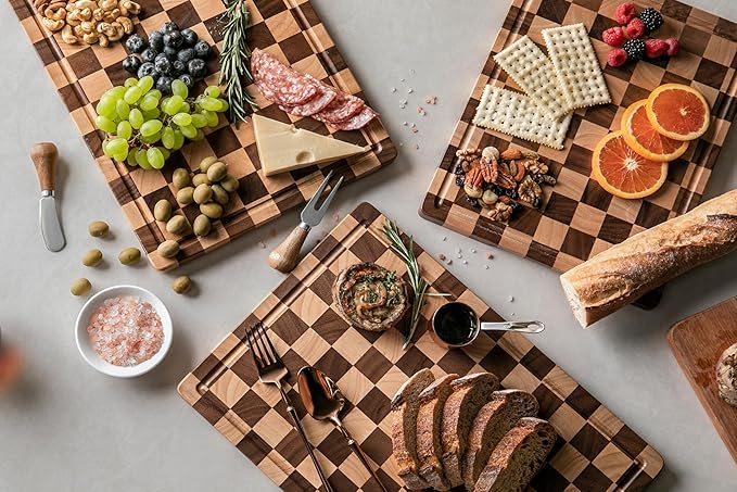 Cutting Boards for Kitchen, Checkered Cutting Board Upgraded, Acacia Wood Chopping Board with Juice Grooves & Handles, Large Butcher Block Serving Tray with Gift Box, 16.5" x 11.6" x 0.8"