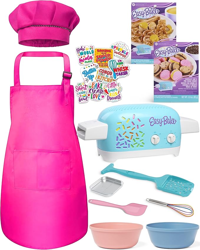 Ultimate Easy Baking Oven Bundle For Kids With 20 Items - Oven, 2 Refill Mixes, Apron, Hat, 2 Bowls, Spatula, Whisk, 9 Stickers, Baking Pan & Tool (Heroic Hot Pink Bundle)