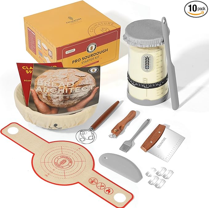 Complete Sourdough Starter Kit, Round Banneton Bread Proofing Basket with Glass Sourdough Jar, Danish Whisk, Lame, Bench Knife & Dutch Oven Sling, Sourdough Bread Baking Supplies Tools