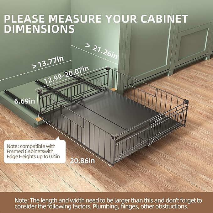 NETEL 2 Pack Expandable Pull Out Cabinet Organizer, Raised 6.69" guardrail, Adjustable Width 12.99"-20.07", 20.86" Depth Pull Out Cabinet Organizer, Adhesive Pull Out Drawers for Cabinets, Black