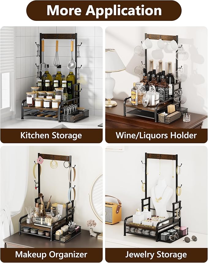 Coffee Station Organizer with Pod Drawer, 40 Pods for Nespresso /28 Pods for K Cup, Coffee Mug Holder with 9 Hooks & 1 Extra Storage Basket, Coffee Bar Organizer for Keurig Machine, Kitchen, Cafe