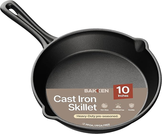 Bakken 10" Cast Iron Skillets, Pre-Seasoned Frying Pan with Even Heat Retention Cooking, Versatile for Stove, Oven, Grill & Campfire, Easy-Grip Handles, Hand Wash Only, 4.41 lbs