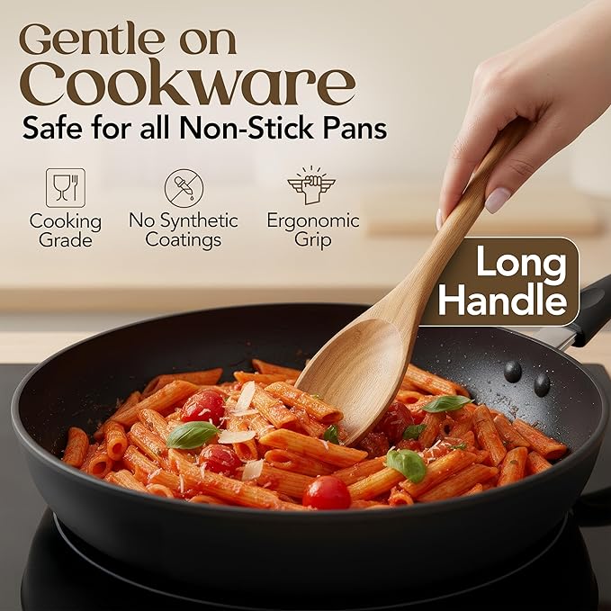 8 Piece Teak Wooden Cooking Spoons Set – Wooden Utensil Set with Spatula Scraper Pasta Spoon Rice Paddle Tongs for Everyday Cooking, Smooth Sanded Finish, Comfortable Grip Handles, Gentle on Cookware