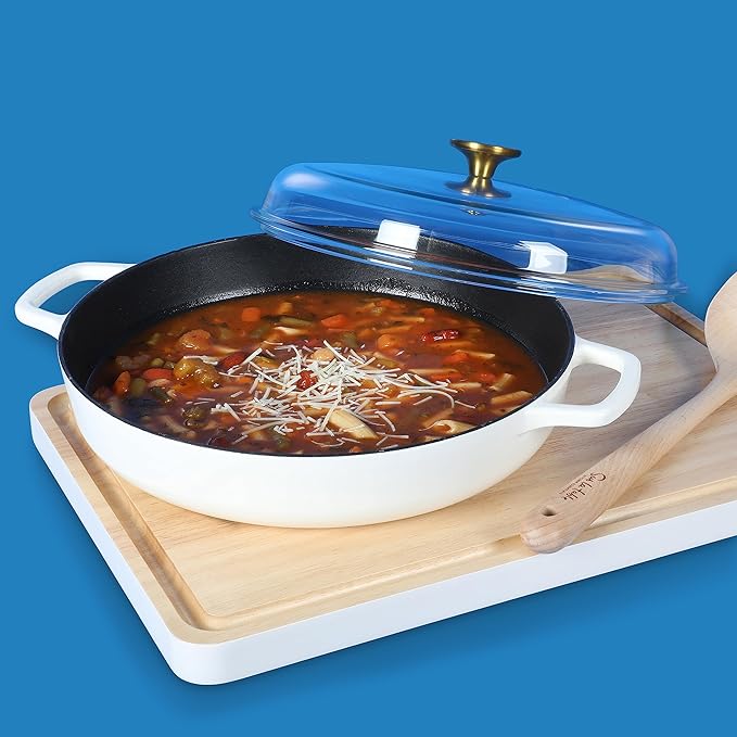 Sur La Table Kitchen Essentials Supper Club 3.75 Quart Enamel Cast Iron All In One Multi-Purpose Non-Toxic Nonstick Braiser Pan W/Borosilicate Glass Lid - Eggshell White