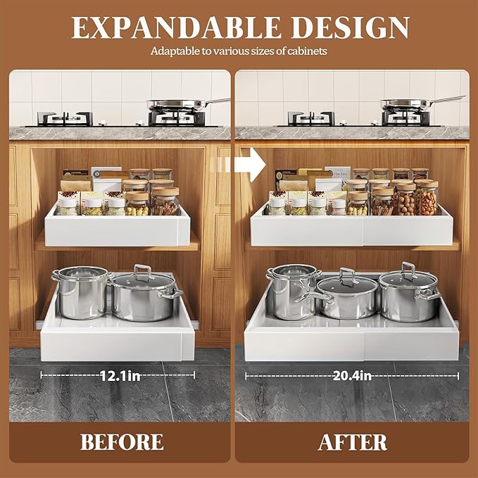 4 Pack Expandable Pull Out Cabinet Organizer 21"Deep With Raising Pad for Framed Cabinets,Upgrade 3 Slide Rails Slide Out Drawers,No Drill Roll Out Shelves,Adjustable Width 12.1"-20.4" White