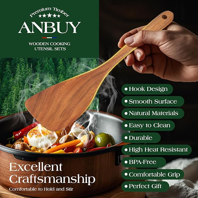 Teak Wooden Kitchen Utensil Set - Non-Toxic Wood Cooking Utensils, Wood Utensils, Wooden Utensil Set (10PCS), Heat-Resistant for Home Kitchen