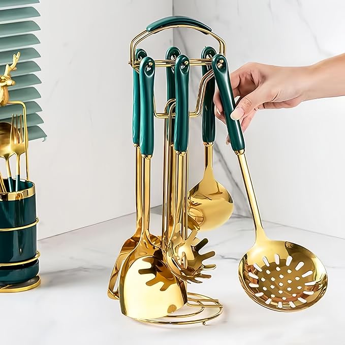 Gold Kitchen Utensils,7 Pieces Cooking Utensils Set,Kitchen Tools Set With Utensil Holder, Gold Kitchen Accessories, Dishwasher Safe, Easy To Clean (Green)