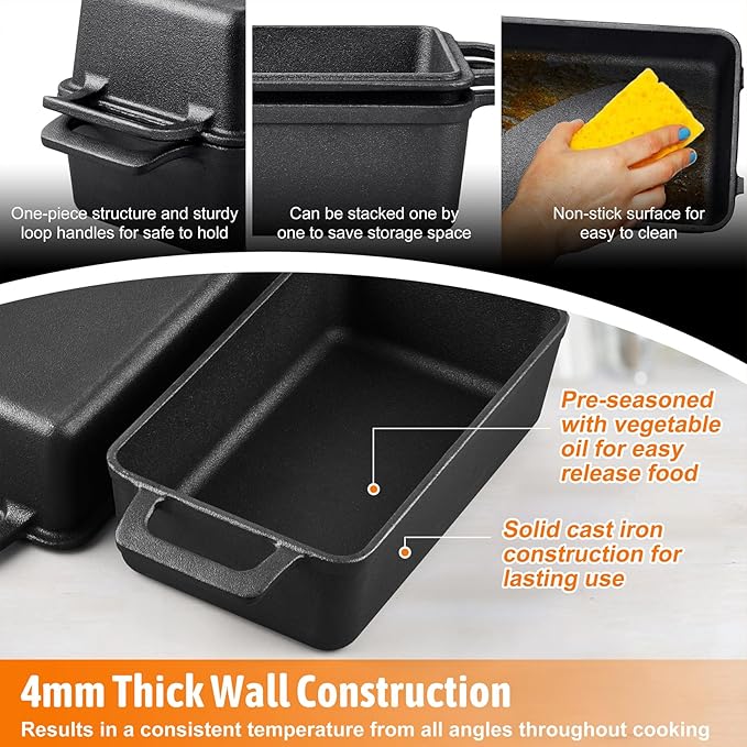 P&P CHEF 2-In-1 9 x 5 Inch Cast Iron Loaf Pan with Lid (Black), Bread Loaf Pans for Baking Homemade Sourdough Bread, Meatloaf, Toast, Cake, Nonstick & Healthy & Sturdy, 2 Piece Set