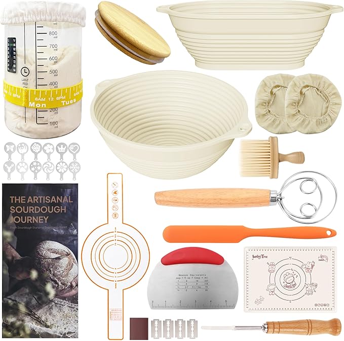 17-Piece Sourdough Starter Kit – Silicone Bread Proofing Basket Set with Round & Oval Food-Grade Bannetons, Liners, Whisk, Lame, Jar, and Baking Tools for Homemade Bread