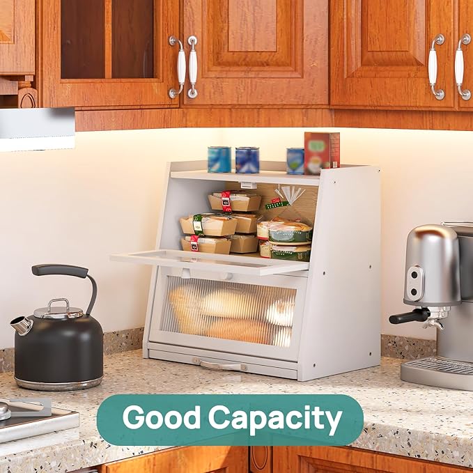 White Bread Box for Kitchen Counter With Cutting Board, 2-Tier Bread Box, Bamboo Wood Large Capacity Bread Storage Bin with Acrylic Wavy Door Panel
