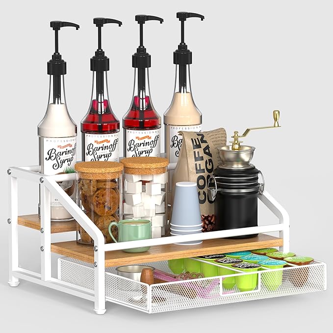 Alyoen Coffee Syrup Organizer Rack, 3-Tier Coffee Station Organizer for Countertop, Coffee Bar Organizer with 35K Cup Storage Basket, Coffee Syrup Holder Stand for Coffee Bar Accessory - White
