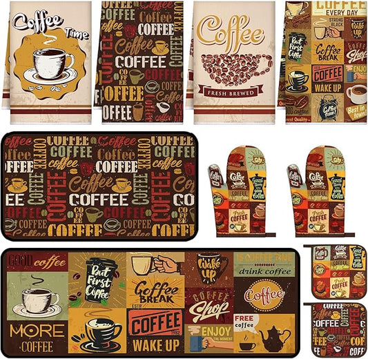 10 Pcs Coffee Kitchen Decor and Accessories Coffee Oven Mitts and Pot Holders Set Dish Towels Farmhouse Kitchen Decor Retro Brown Gloves for Chef Baking Cooking Grilling BBQ Women Gift